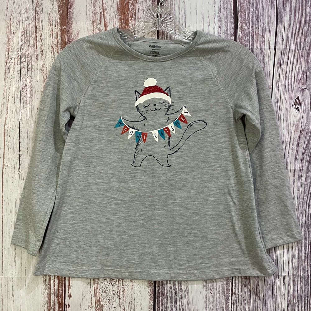 Gymboree  Girls Size Medium 7/8 Grey Christmas Long Sleeve Tee Cat #5147